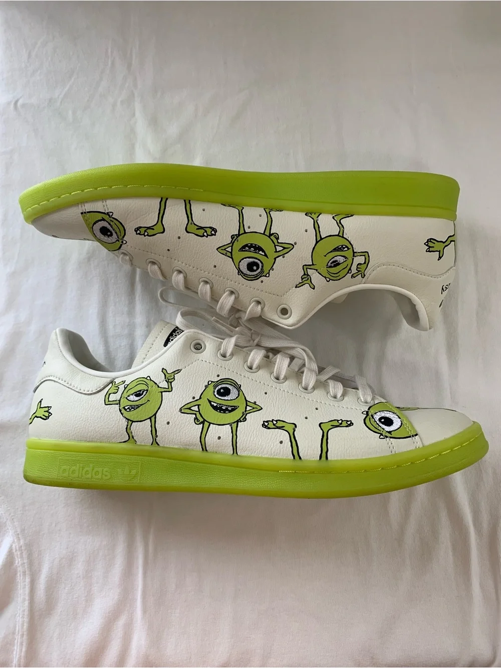 adidas White Sneakers with Neon Green Monster Graphics